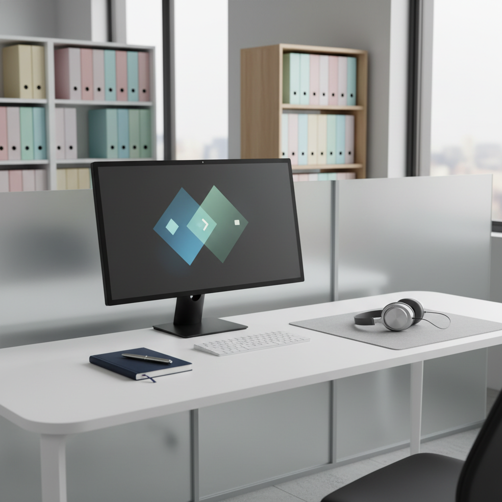 A modern, uncluttered support services workspace featuring a wide white desk with rounded edges, a large flat-screen monitor showing a minimalist abstract interface, a navy-blue notebook with a silver pen aligned precisely beside a wireless keyboard, and a pair of noise-cancelling headphones resting on a felt desk mat. Behind, a frosted-glass partition and a tall, slim bookshelf filled with neatly arranged files in coordinated pastel tones suggest privacy and structure. Soft, diffused natural light from floor-to-ceiling windows fills the room, enhancing clean lines and subtle textures. Photographic realism, shot from a slightly elevated angle with balanced composition and crisp focus, creating a calm, trustworthy, and highly professional atmosphere that reflects attentive care and meticulous support.