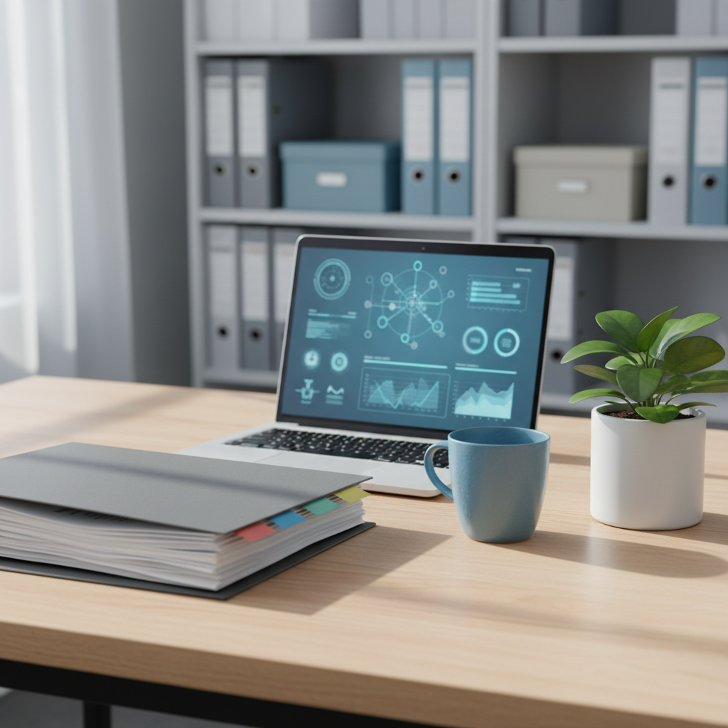 A carefully arranged collection of support service symbols placed on a smooth light-ash wood desk: a neatly stacked folder of documents with color-coded tabs, a sleek silver laptop displaying an abstract dashboard, a soft blue ceramic mug, and a small, healthy green plant in a white matte pot. In the background, softly blurred shelves hold binders and storage boxes in muted blues and greys. Gentle daylight from a nearby unseen window creates a bright but calming atmosphere, casting soft, natural shadows. Photographic realism at eye level with a slight angle, sharp focus on the desk items and a subtle bokeh background, conveying professionalism, reliability, and a caring, organized approach to support services.