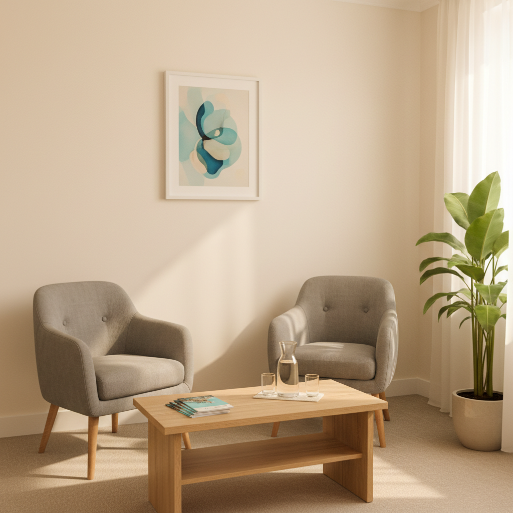 A serene consultation room designed for support services, without any people present: two comfortable upholstered armchairs in soft dove grey facing a low natural-wood coffee table, which holds a small stack of neatly aligned informational booklets, a glass carafe of water, and two matching tumblers. A tall plant with glossy leaves stands in the corner beside sheer white curtains that diffuse warm afternoon sunlight. The walls are a calm off-white with a single abstract artwork in soft blues and greens. Photographic realism, captured at eye level with balanced, symmetrical framing and clear detail throughout, creating a welcoming, safe, and caring environment that embodies the belief in thoughtful, compassionate care.