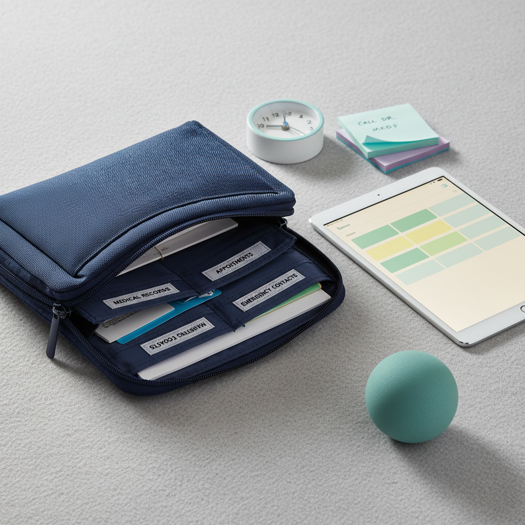 A close-up of a carefully curated “care toolkit” laid out on a pale grey fabric surface: a structured navy organizer pouch partially open to reveal labeled compartments with neatly stored documents, a slim tablet with a softly glowing screen showing a simplified calendar, color-coded sticky notes, a small analog clock with a white face and soft blue hands, and a stress-relief foam ball in a muted teal. The surrounding space is clean and uncluttered. Soft studio lighting from the left creates gentle highlights on the tablet and subtle shadows that add depth. Photographic realism with a shallow depth of field and rule-of-thirds composition, evoking preparedness, empathy, and structured, dependable support.