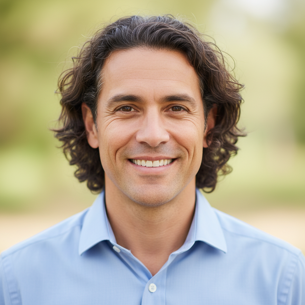 A realistic, softly lit AI-generated portrait of an imaginary adult client smiling warmly, inclusive and professional, suitable for a disability and community support services website. Neutral background, no text, no identifying real person.
